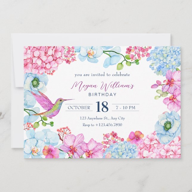 Invitation Pastel bleu rose floral branche avec anniversaire  (Devant)