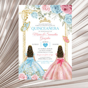 Invitation Pastel Bleu Rose Papillon Floral Or Quinceañera