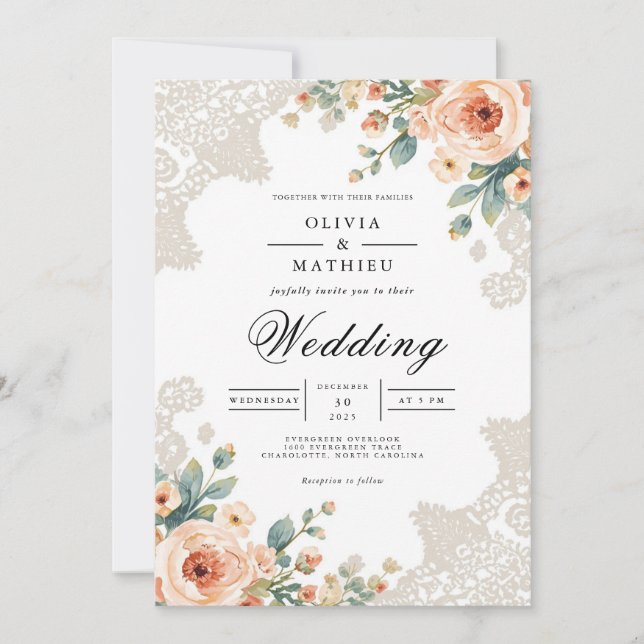 Invitation Pastel Blossom Lace Accent Wedding (Devant)