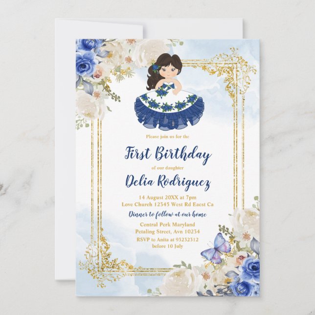 Invitation Pastel Blue 4 premier anniversaire Mexicaine fille (Devant)