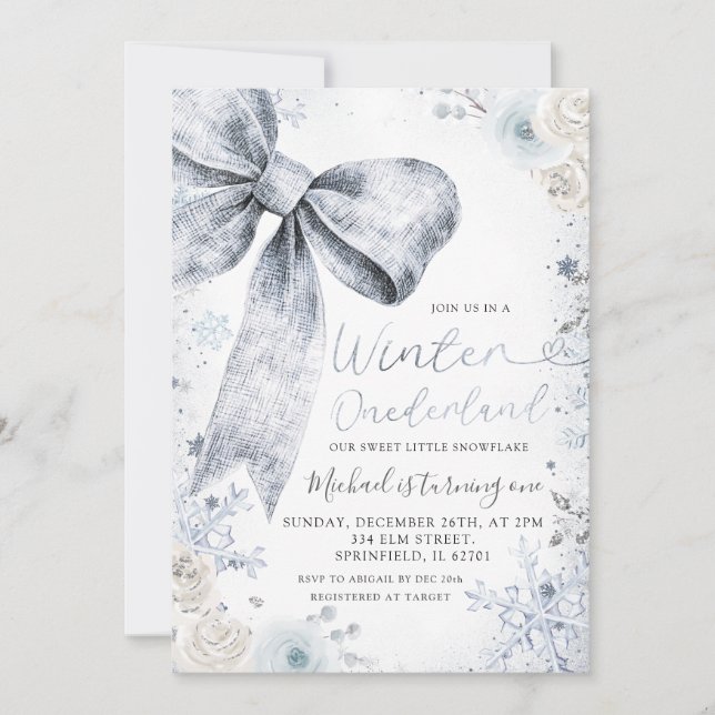 Invitation Pastel Blue Bow hiver Sprinkel Conquette Anniversa (Devant)
