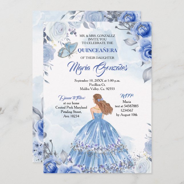 Invitation Pastel Blue Butterfly Quinceanera Mexicaine Annive (Devant / Derrière)