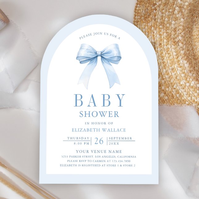 Invitation Pastel Blue Coquette Bow Arch QR Code Baby shower (Créateur téléchargé)