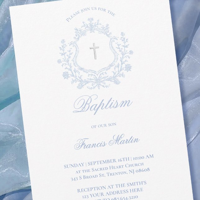 Invitation pastel blue crest baby boy Baptism (Créateur téléchargé)