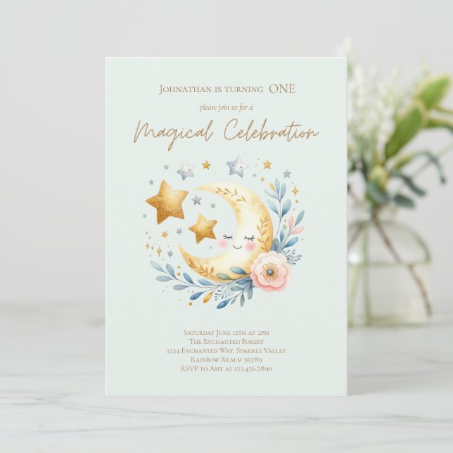 Invitation Pastel Blue Cute Baby Boy Moon 1er Anniversaire (Debout devant)