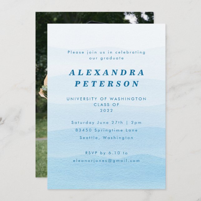Invitation Pastel Blue Dip Dye Ombre Photo Graduation Party (Devant / Derrière)
