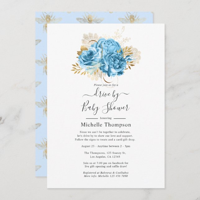 Invitation Pastel Blue et Gold Floral Drive par douche (Devant / Derrière)