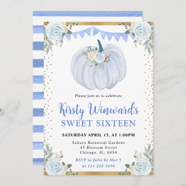 Invitation Pastel Blue et or Floral Citrouille Fall Sweet 16 (Devant / Derrière)