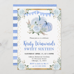 Invitation Pastel Blue et or Floral Citrouille Fall Sweet 16