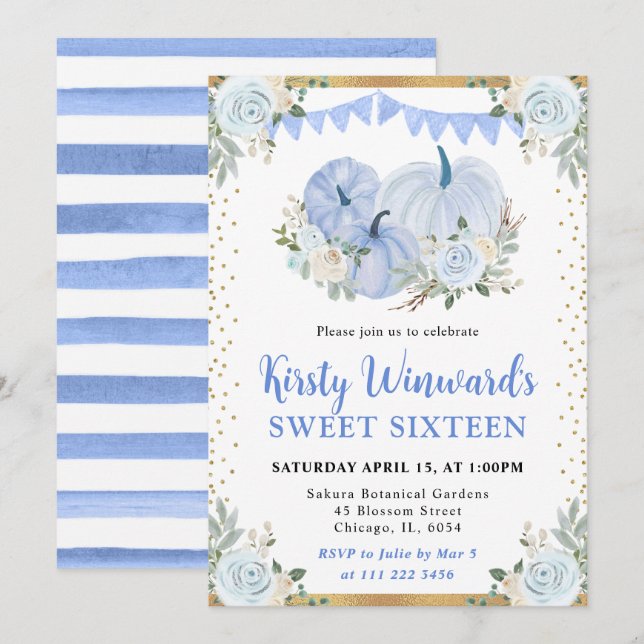 Invitation Pastel Blue et or Floral Citrouille Fall Sweet 16 (Devant / Derrière)