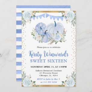 Invitation Pastel Blue et or Floral Citrouille Fall Sweet 16