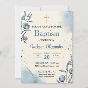 Invitation Pastel Blue Floral Baby Boy Baptême
