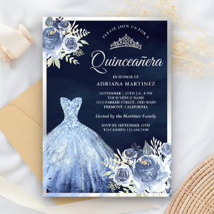 Invitation Pastel Blue Floral Gown Marine Silver Quinceanera