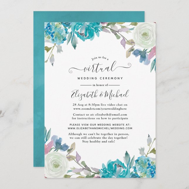 Invitation Pastel Blue Floral Mariage virtuel en ligne (Devant / Derrière)