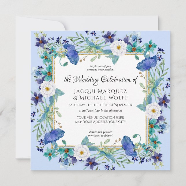 Invitation Pastel Blue Gold Aquarelle Mariage floral élégant (Devant)