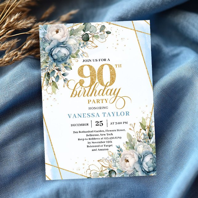 Invitation Pastel blue gold frame stylish floral 90 birthday (Pastel blue gold frame stylish floral 90th birthday invite)