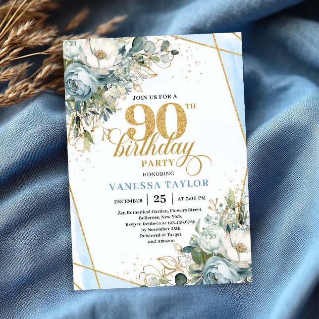 Invitation Pastel blue gold shimmer floral 90th birthday  (Pastel blue gold shimmer floral 90th birthday party invite)