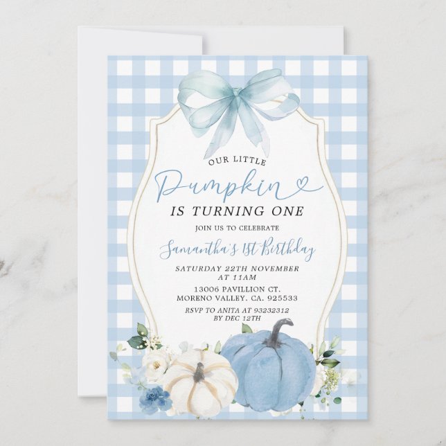 Invitation Pastel Blue Little Citrouille En vichy 1er anniver (Devant)