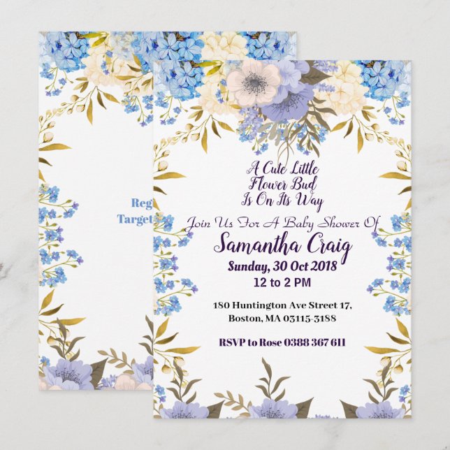 Invitation Pastel Blue Little Flower Bud Floral Baby shower (Devant / Derrière)