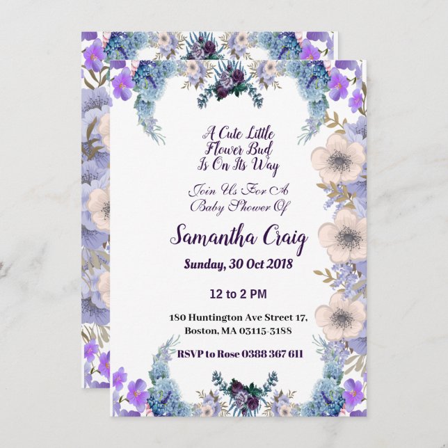 Invitation Pastel Blue Little Flower Bud Lilac Baby shower  (Devant / Derrière)