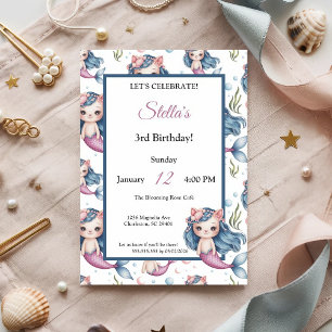 Invitation Pastel Blue Pink Chat Mermaid Fille fête d'anniver