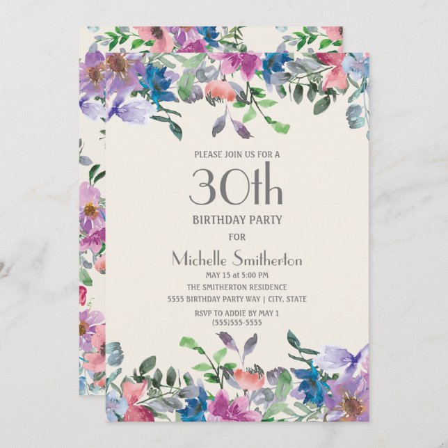 Invitation Pastel Blue Purple Floral Femmes 30e anniversaire (Devant / Derrière)