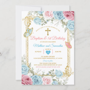 Invitation Pastel Blue Rose Gold Baptême & 1er anniversaire