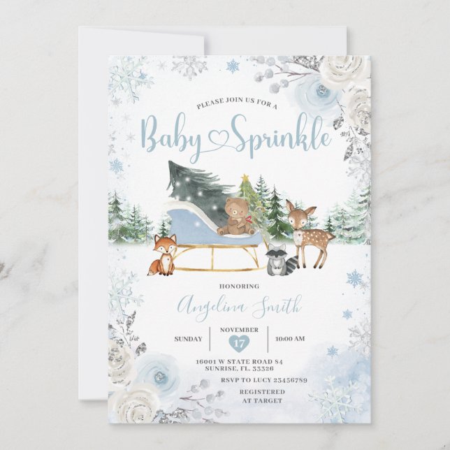 Invitation Pastel Blue Sleigh Winter Animals Baby Sprinkle (Devant)