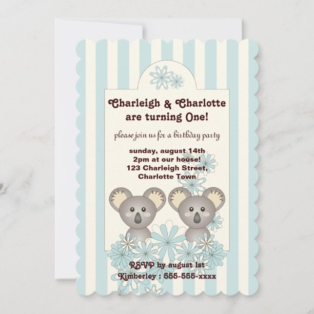 Invitation Pastel Blue Stripe Baby Koala Twin Anniversaire de (Devant)