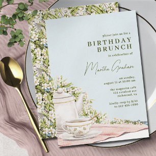 Invitation Pastel Blue Teapot Floral Élégant Anniversaire Bru