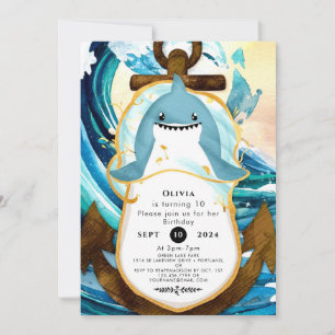 Invitation Pastel Blue Whimsical Shark Anniversaire