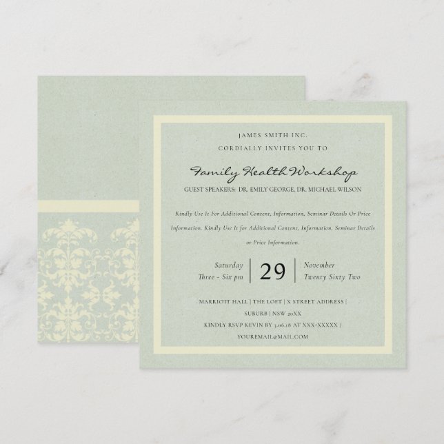 INVITATION PASTEL BLUE WHITE DAMASK ÉVÉNEMENT D'ATELIER CLASS (Devant / Derrière)