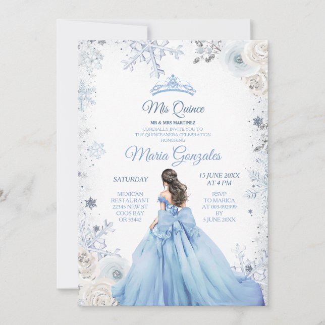 Invitation Pastel Blue Winter Snow Floral Princess Mis Quince (Devant)