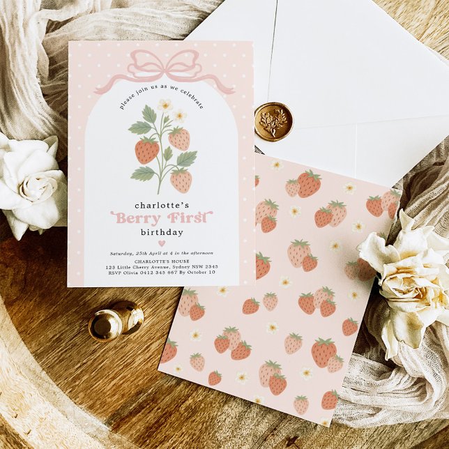 Invitation Pastel Blush Berry First Strawberry Birthday (Créateur téléchargé)