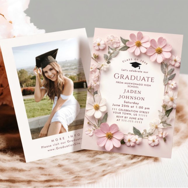 Invitation Pastel Blush Boho rose Fleur sauvage fête de gradu (Créateur téléchargé)