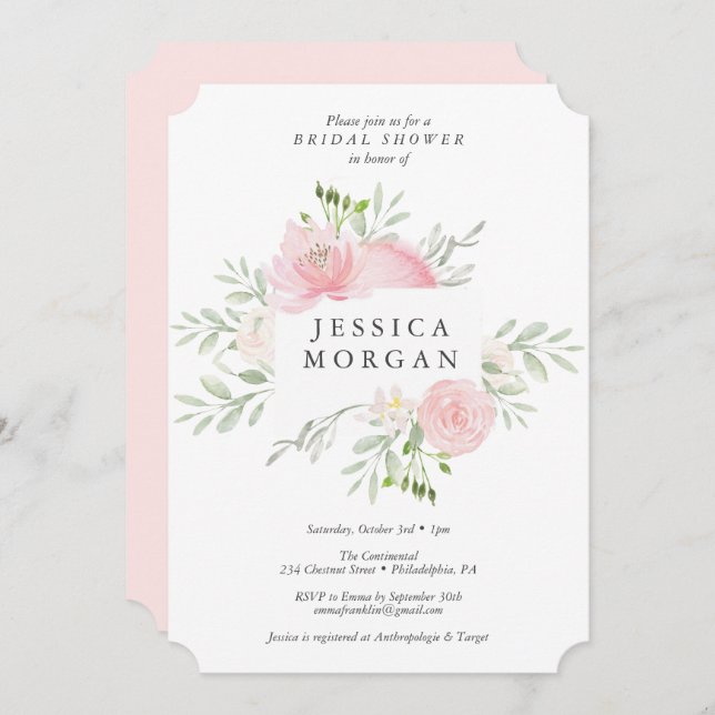 Invitation Pastel Blush Douche nuptiale (Devant / Derrière)