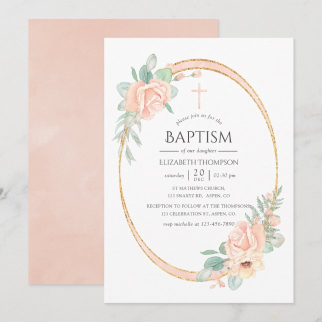 Invitation Pastel Blush Floral Baptême géométrique (Devant / Derrière)
