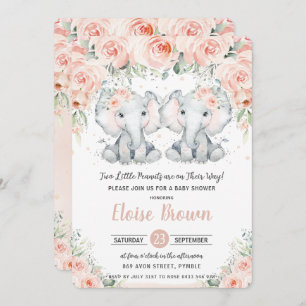 Invitation Pastel Blush Floral Elephant Twins Baby shower