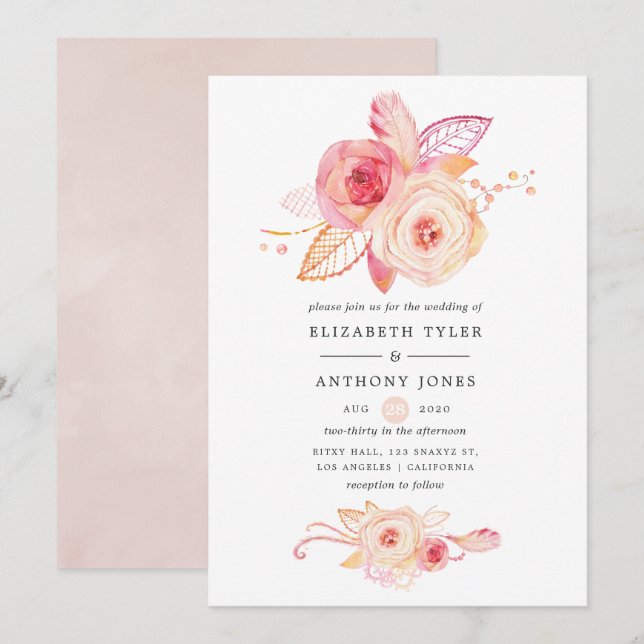Invitation Pastel Blush Floral et Mariage de dentelle (Devant / Derrière)