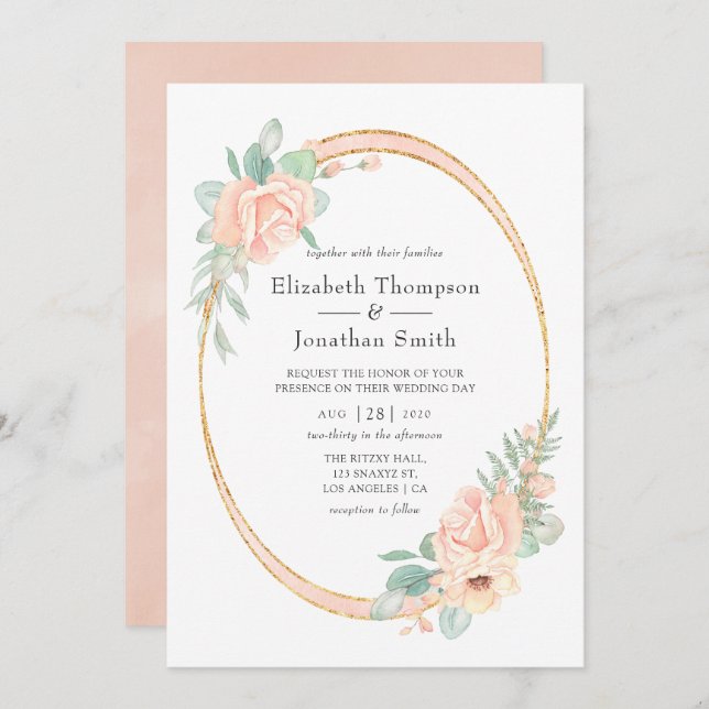 Invitation Pastel Blush Floral Mariage géométrique (Devant / Derrière)