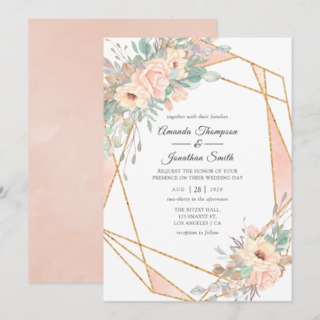 Invitation Pastel Blush Floral Mariage géométrique (Devant / Derrière)