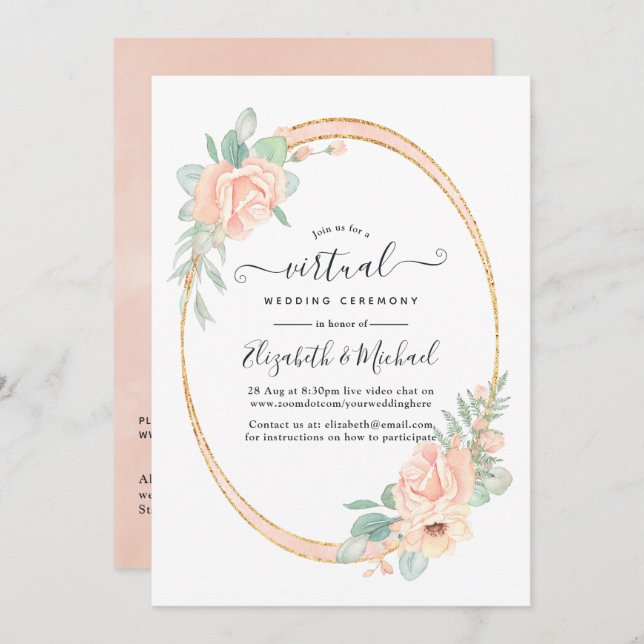 Invitation Pastel Blush Floral Mariage virtuel géométrique (Devant / Derrière)