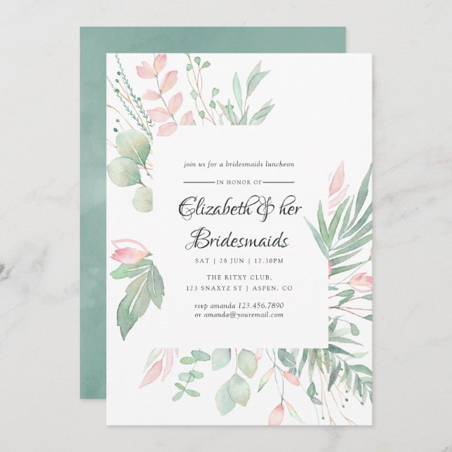 Invitation Pastel Blush Green Bridesmaids Déjeuner (Devant / Derrière)