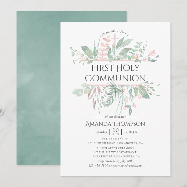 Invitation Pastel Blush Green Première Communion Sainte (Devant / Derrière)