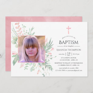 Invitation Pastel Blush Greenerm Baptême ou Christening