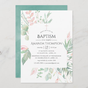 Invitation Pastel Blush Greenerm Baptême ou Christening