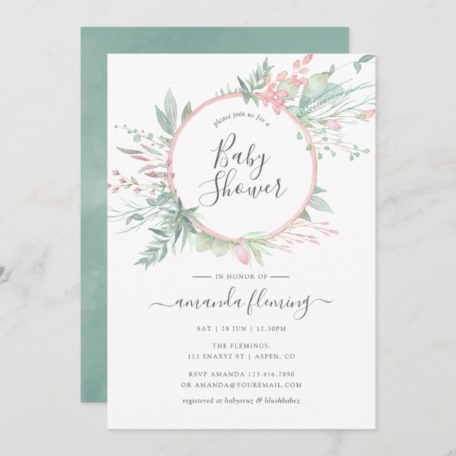 Invitation Pastel Blush Greenery Baby shower géométrique (Devant / Derrière)