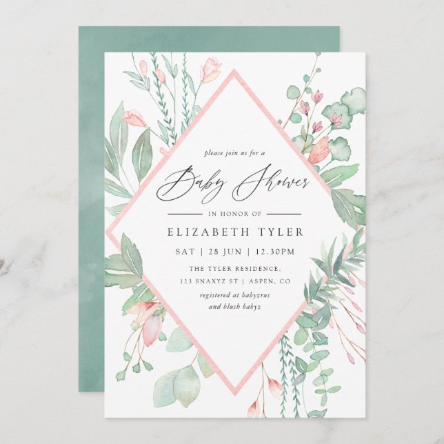 Invitation Pastel Blush Greenery Baby shower géométrique (Devant / Derrière)
