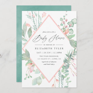 Invitation Pastel Blush Greenery Baby shower géométrique