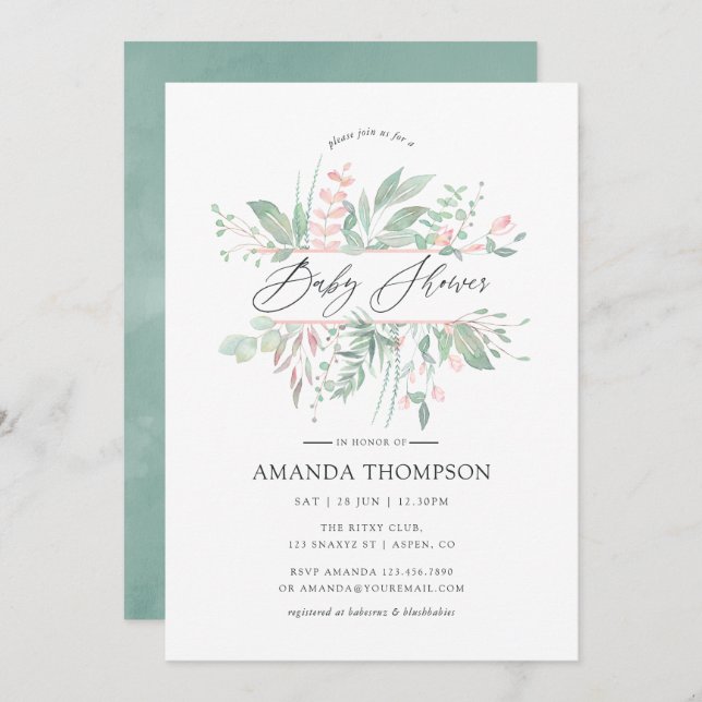 Invitation Pastel Blush Greenery Baby shower géométrique (Devant / Derrière)